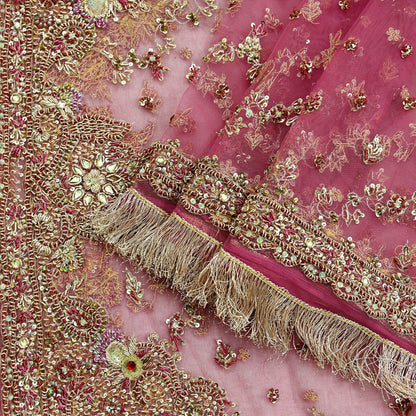 Indian Vintage Heavy Pink Dupatta Net Mesh Long Stole Hand Embroidered Scarves Golden Zardozi Dabka Zari Sequins Wedding Dupatta Party Wear