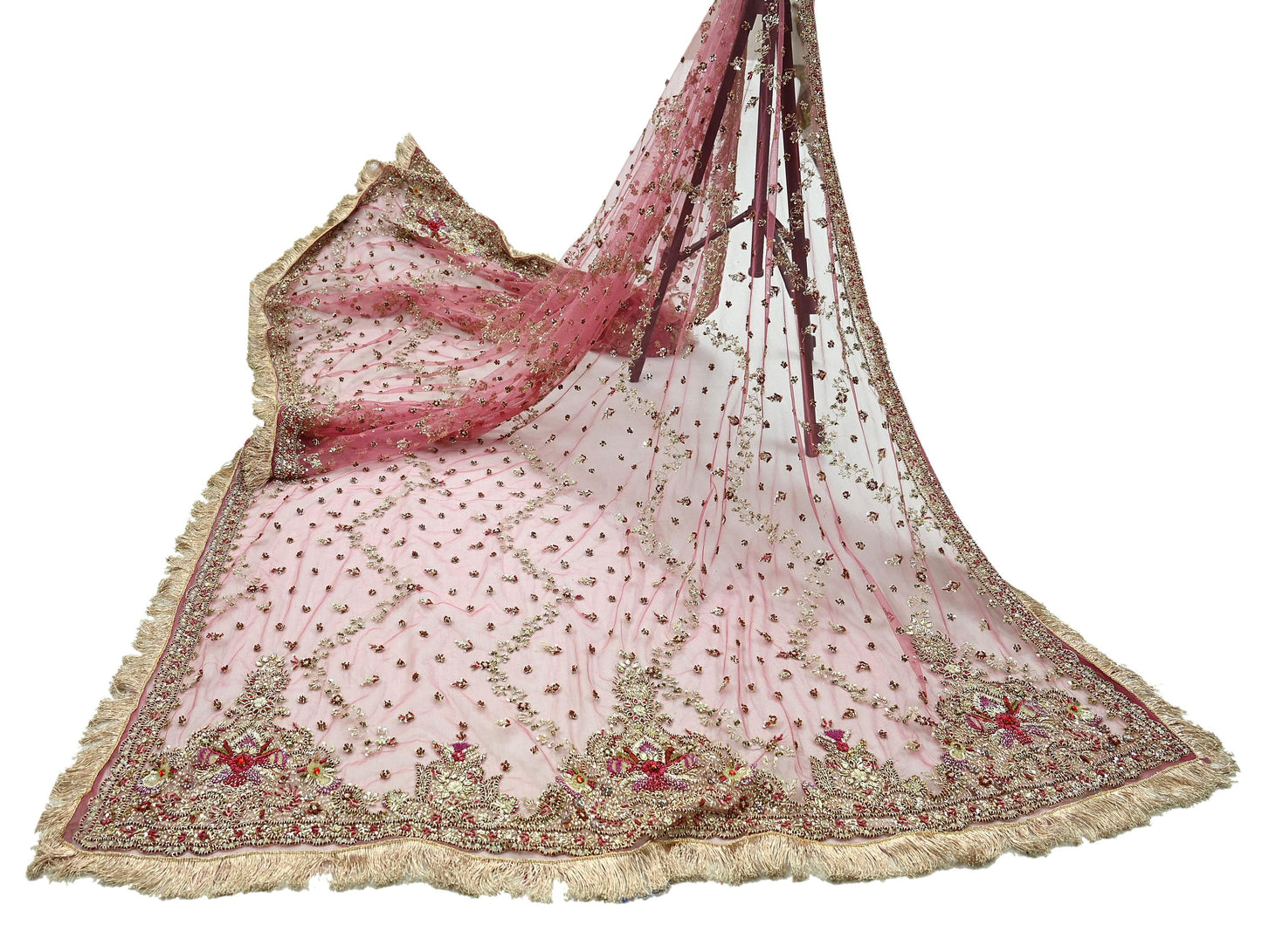 Indian Vintage Heavy Pink Dupatta Net Mesh Long Stole Hand Embroidered Scarves Golden Zardozi Dabka Zari Sequins Wedding Dupatta Party Wear