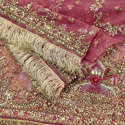 Indian Vintage Heavy Pink Dupatta Net Mesh Long Stole Hand Embroidered Scarves Golden Zardozi Dabka Zari Sequins Wedding Dupatta Party Wear