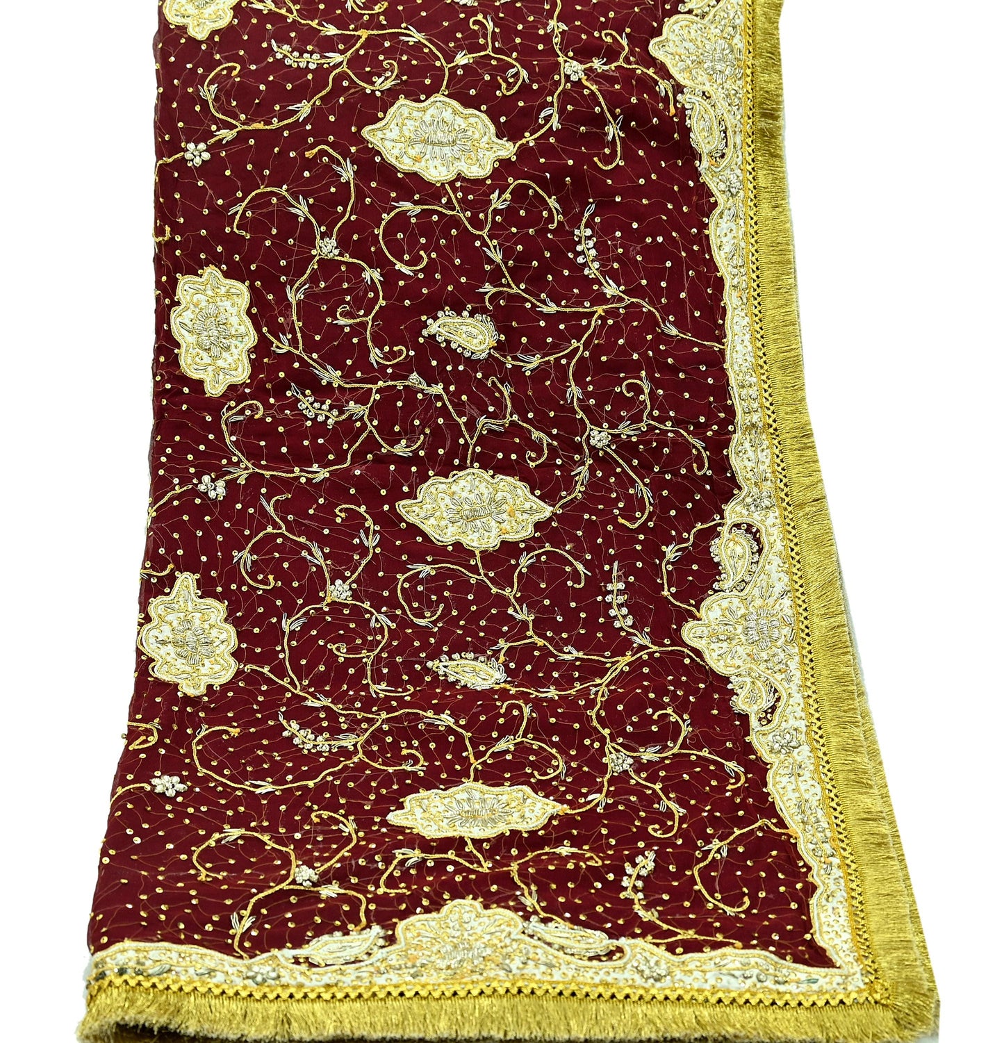 Indian Vintage Heavy Bridal Dupatta Maroon Pure Chiffon Silk Long Stole Hand Embroidered Hijab Scarf Zardozi/Dabka Zari Wedding Dupatta