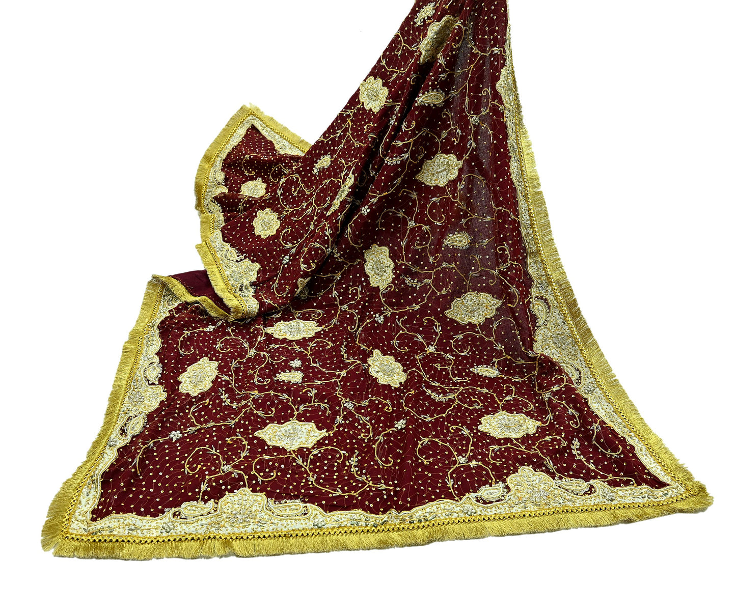 Indian Vintage Heavy Bridal Dupatta Maroon Pure Chiffon Silk Long Stole Hand Embroidered Hijab Scarf Zardozi/Dabka Zari Wedding Dupatta