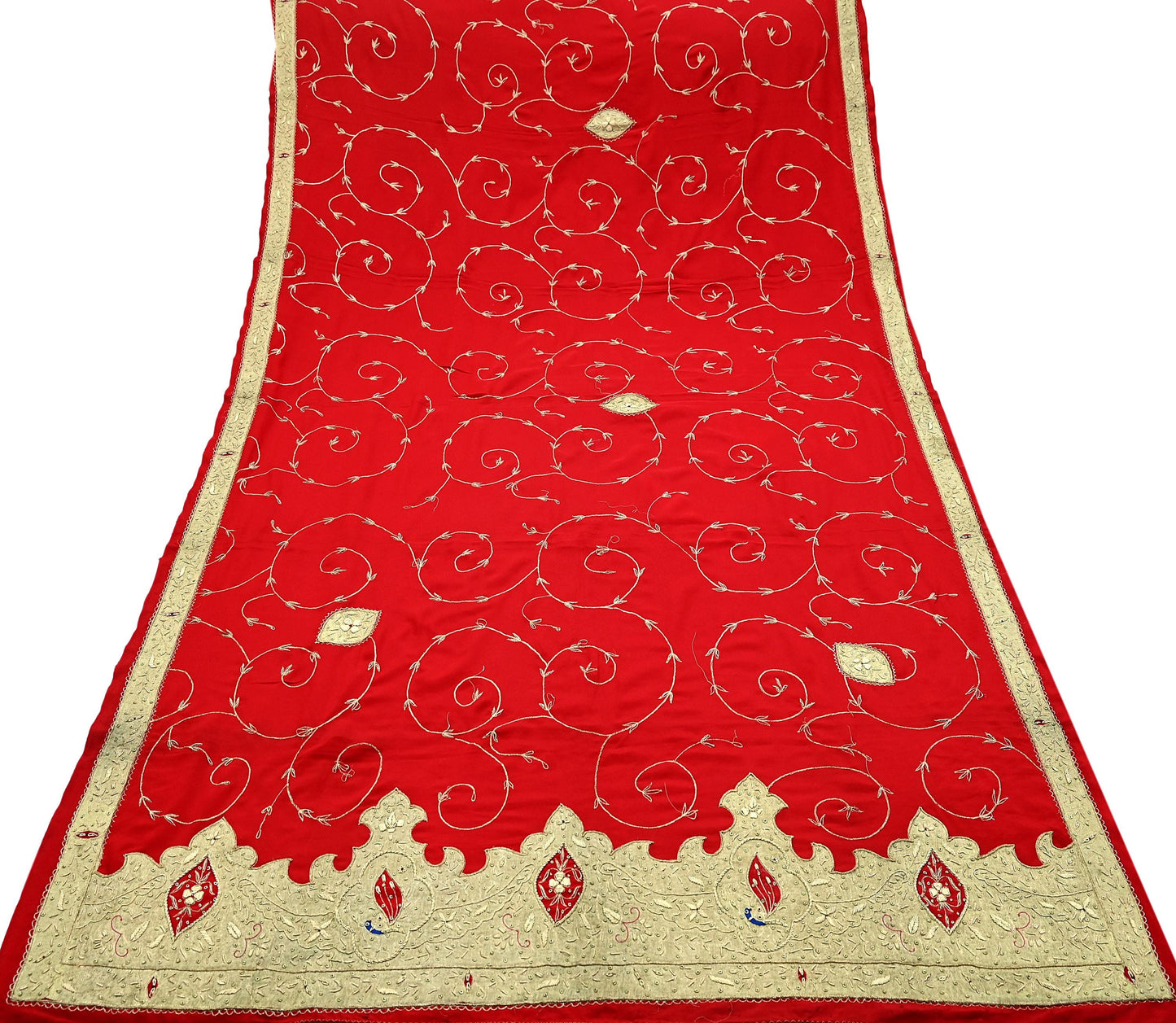 Indian Vintage Heavy Red Dupatta Crepe Long Stole Hand Embroidered Scarves Dabka Zardozi Zari Stole Peacock Design