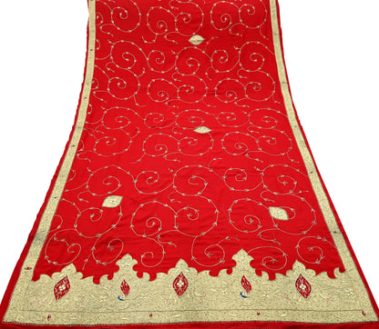 Indian Vintage Heavy Red Dupatta Crepe Long Stole Hand Embroidered Scarves Dabka Zardozi Zari Stole Peacock Design
