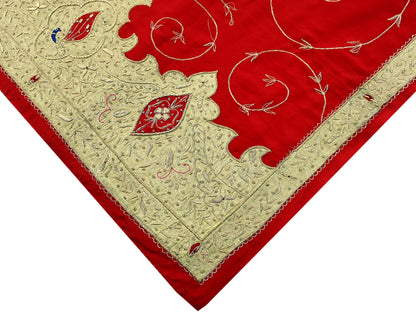 Indian Vintage Heavy Red Dupatta Crepe Long Stole Hand Embroidered Scarves Dabka Zardozi Zari Stole Peacock Design