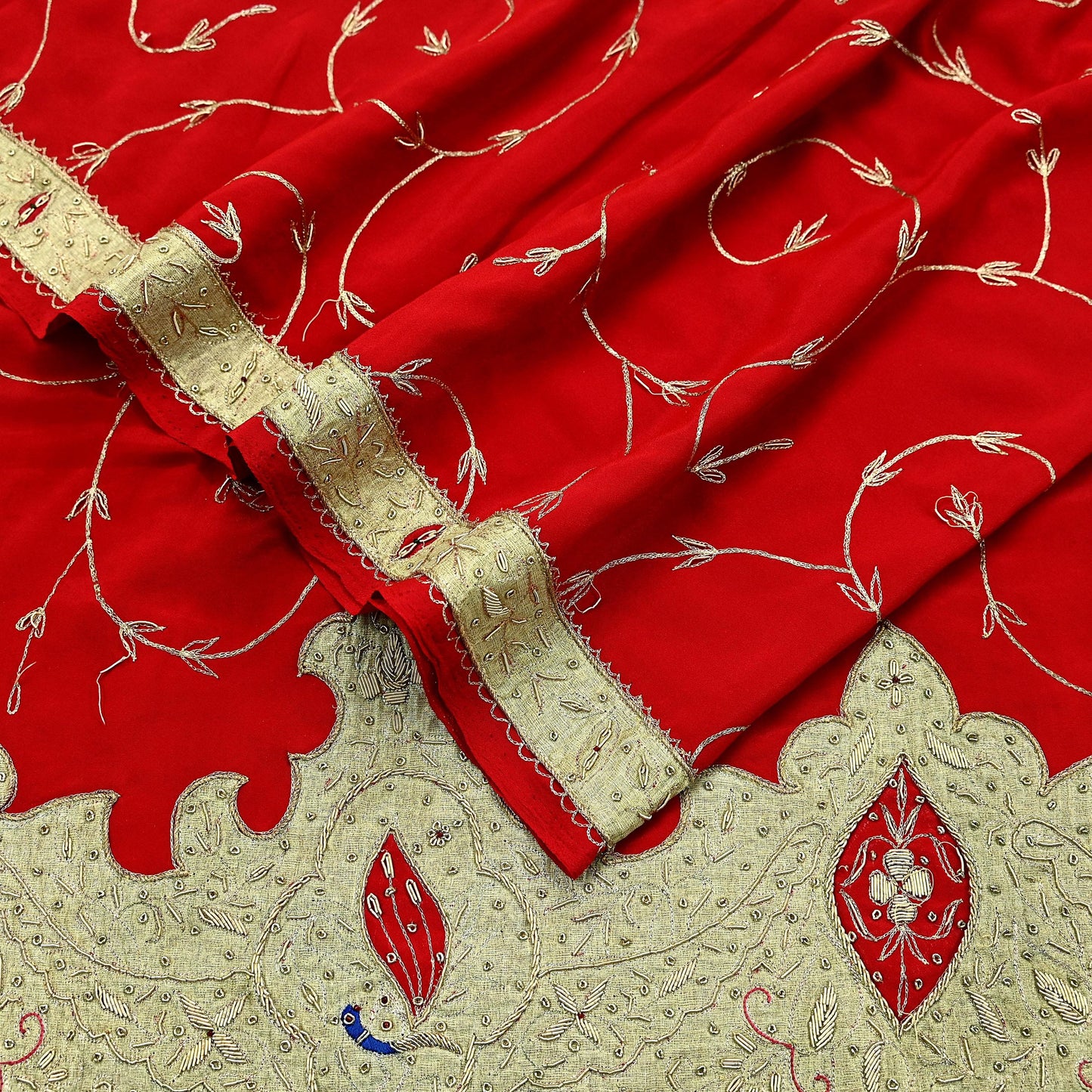 Indian Vintage Heavy Red Dupatta Crepe Long Stole Hand Embroidered Scarves Dabka Zardozi Zari Stole Peacock Design
