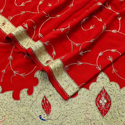 Indian Vintage Heavy Red Dupatta Crepe Long Stole Hand Embroidered Scarves Dabka Zardozi Zari Stole Peacock Design