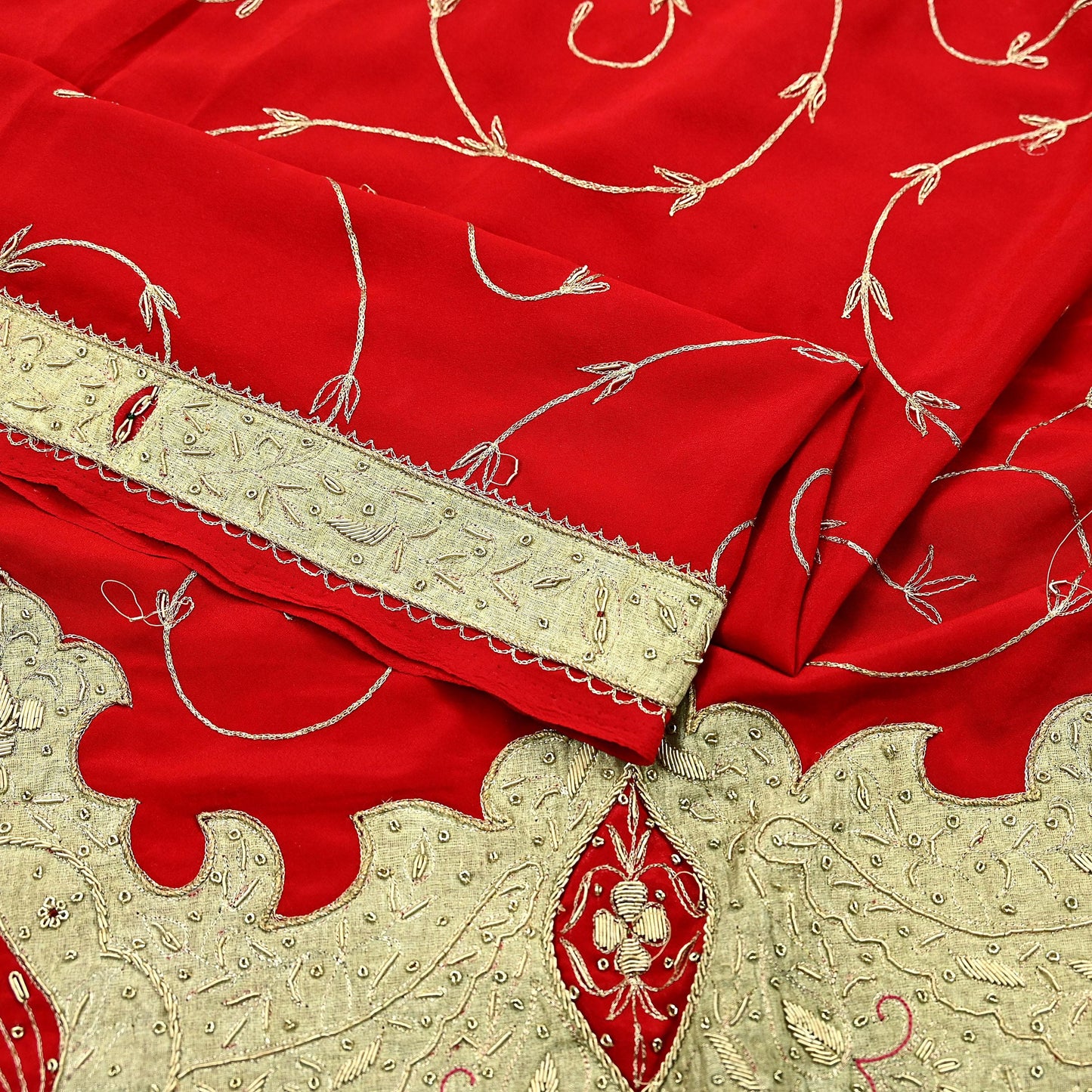 Indian Vintage Heavy Red Dupatta Crepe Long Stole Hand Embroidered Scarves Dabka Zardozi Zari Stole Peacock Design