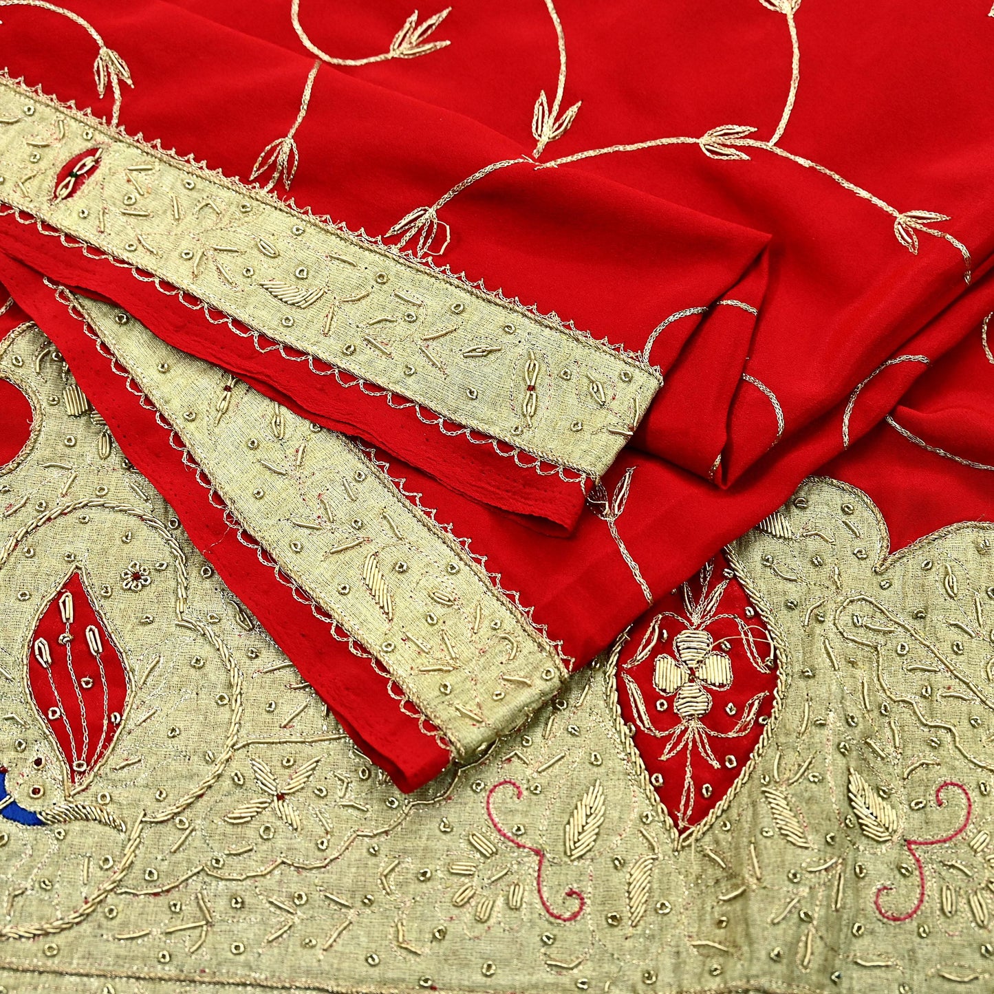 Indian Vintage Heavy Red Dupatta Crepe Long Stole Hand Embroidered Scarves Dabka Zardozi Zari Stole Peacock Design