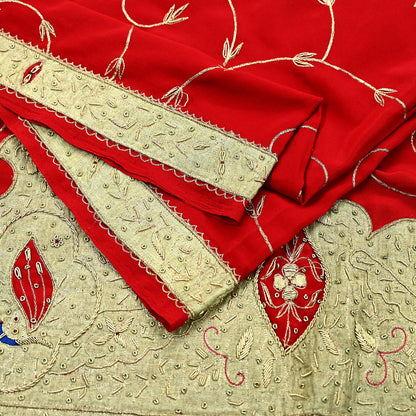Indian Vintage Heavy Red Dupatta Crepe Long Stole Hand Embroidered Scarves Dabka Zardozi Zari Stole Peacock Design