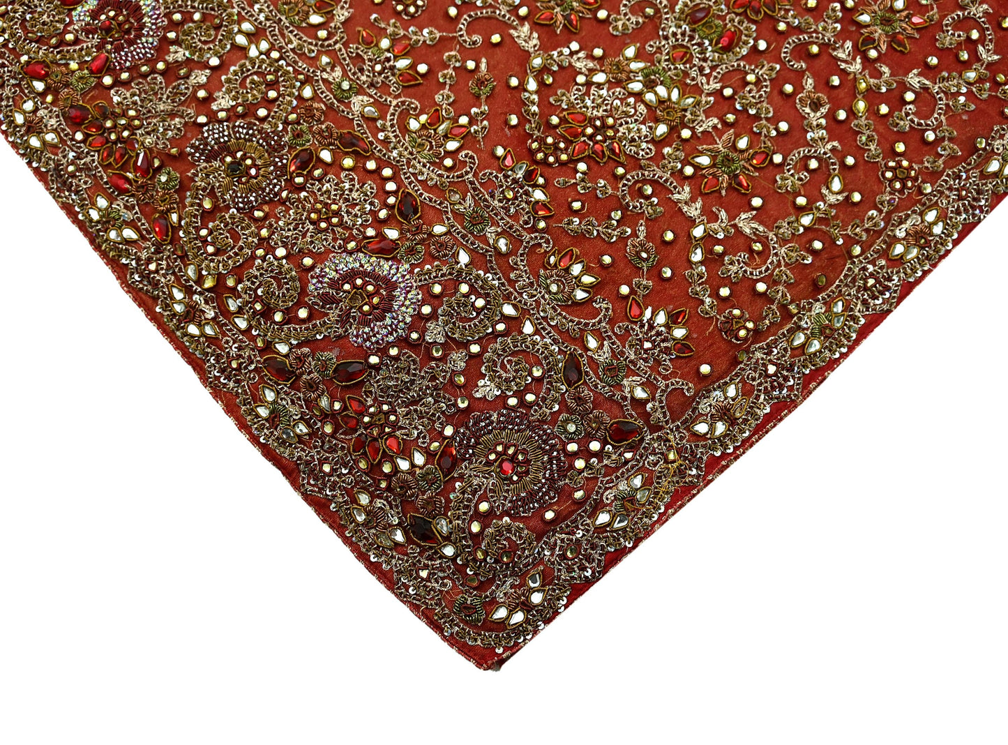 Indian Vintage Heavy Wedding Red Dupatta Net Mesh Long Stole Hand Embroidered Scarves Golden Zardozi Zari Sequins Dridal Veil Hijab