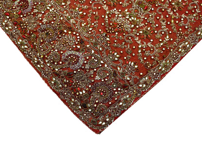 Indian Vintage Heavy Wedding Red Dupatta Net Mesh Long Stole Hand Embroidered Scarves Golden Zardozi Zari Sequins Dridal Veil Hijab