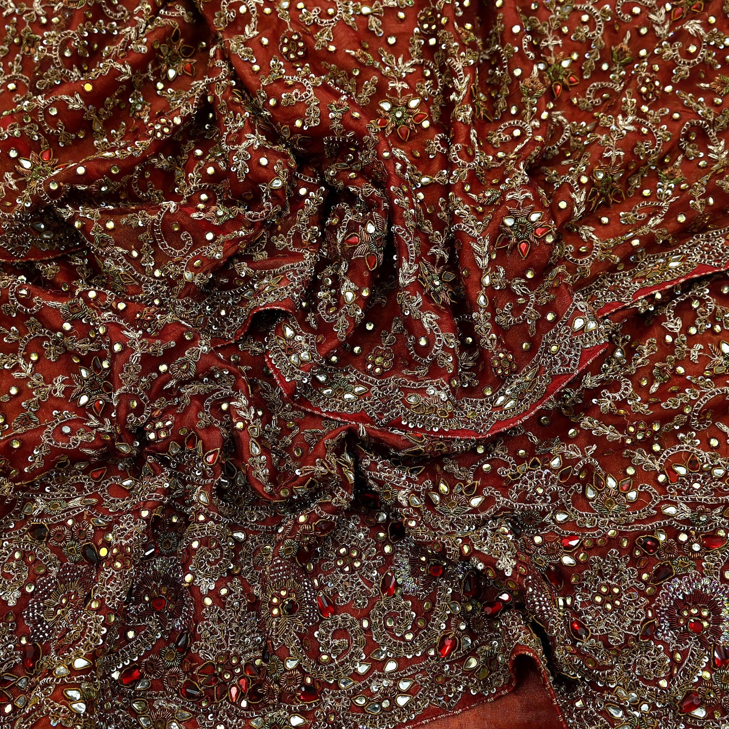 Indian Vintage Heavy Wedding Red Dupatta Net Mesh Long Stole Hand Embroidered Scarves Golden Zardozi Zari Sequins Dridal Veil Hijab
