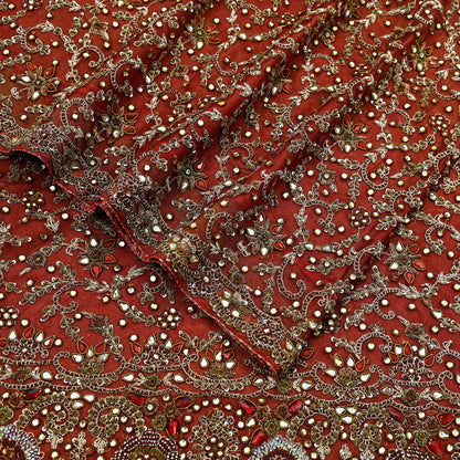 Indian Vintage Heavy Wedding Red Dupatta Net Mesh Long Stole Hand Embroidered Scarves Golden Zardozi Zari Sequins Dridal Veil Hijab