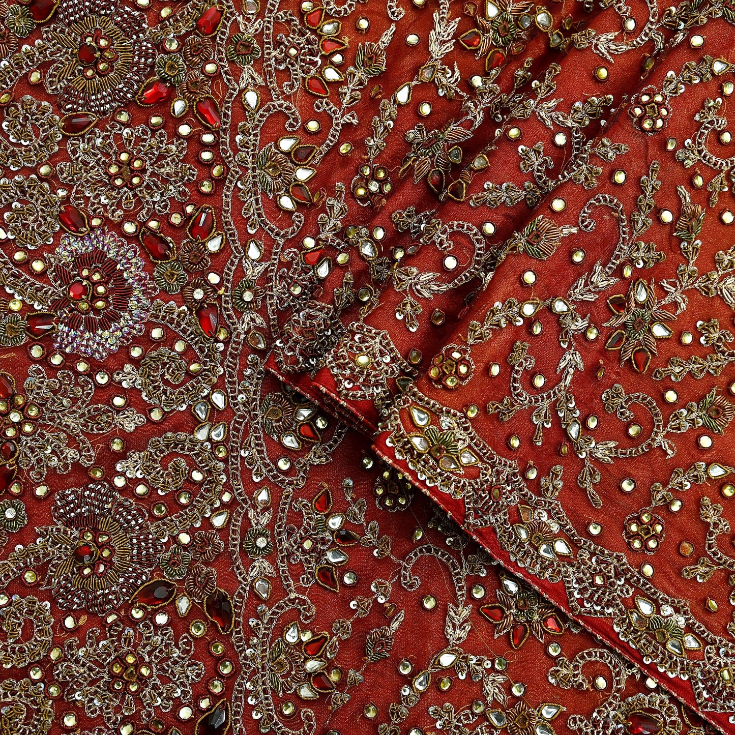 Indian Vintage Heavy Wedding Red Dupatta Net Mesh Long Stole Hand Embroidered Scarves Golden Zardozi Zari Sequins Dridal Veil Hijab