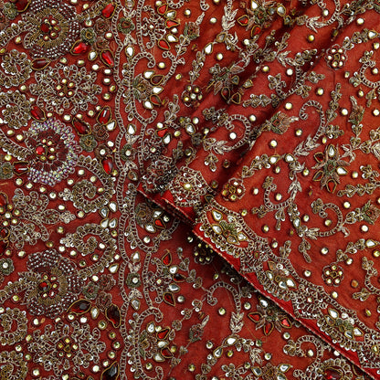 Indian Vintage Heavy Wedding Red Dupatta Net Mesh Long Stole Hand Embroidered Scarves Golden Zardozi Zari Sequins Dridal Veil Hijab