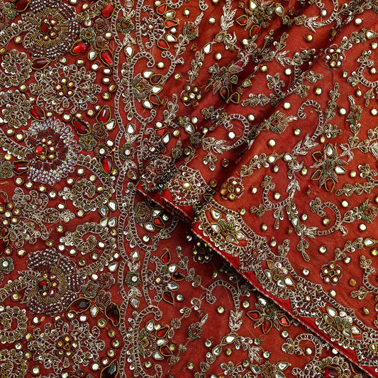 Indian Vintage Heavy Wedding Red Dupatta Net Mesh Long Stole Hand Embroidered Scarves Golden Zardozi Zari Sequins Dridal Veil Hijab