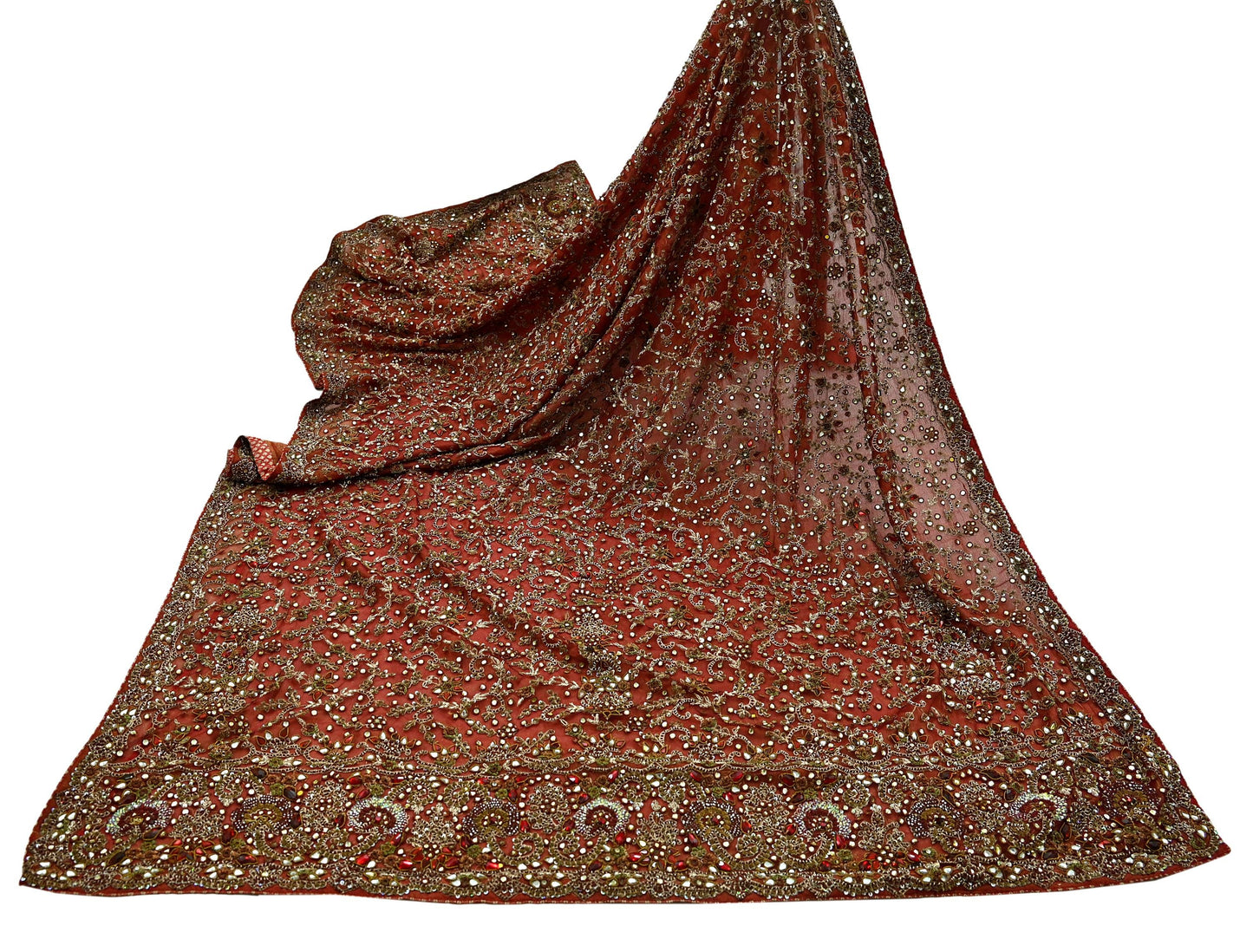 Indian Vintage Heavy Wedding Red Dupatta Net Mesh Long Stole Hand Embroidered Scarves Golden Zardozi Zari Sequins Dridal Veil Hijab