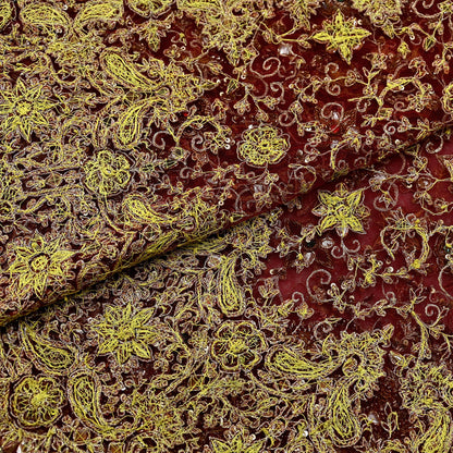 Indian Vintage Heavy Wedding Maroon Dupatta Net Mesh Long Stole Hand Embroidered Scarves Golden Zardozi Zari Sequins Dridal Veil Hijab