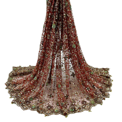 Indian Vintage Heavy Wedding Maroon Dupatta Net Mesh Long Stole Hand Embroidered Scarves Golden Zardozi Zari Sequins Dridal Veil Hijab