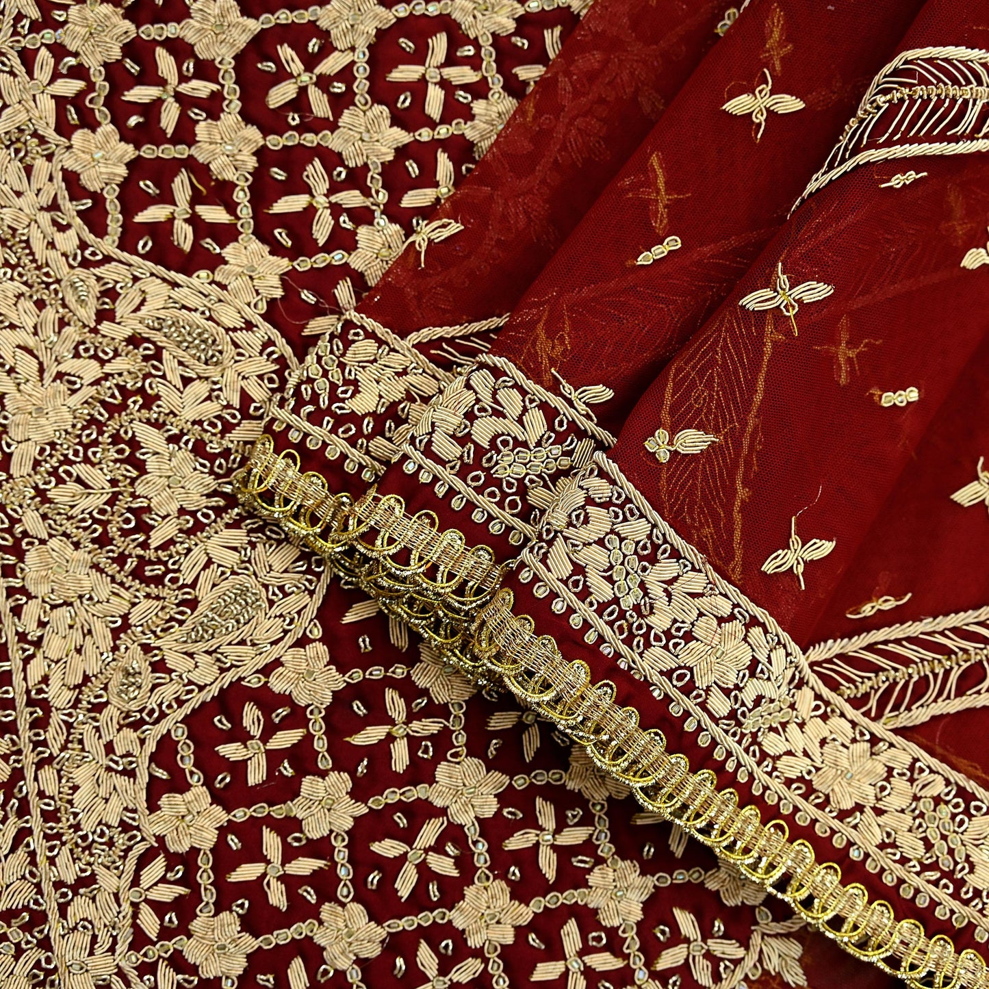 Indian Vintage Heavy Dark Red Dupatta Net Mesh Long Stole Hand Embroidered Scarves Golden Zardozi Dabka Zari Sequins
