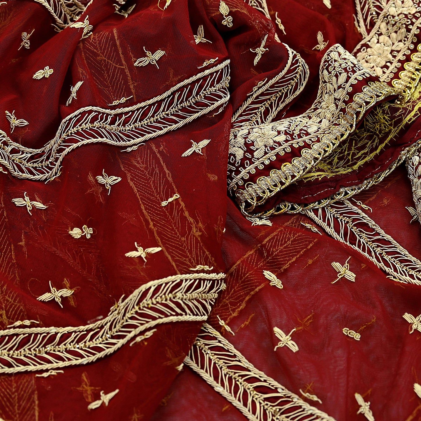 Indian Vintage Heavy Dark Red Dupatta Net Mesh Long Stole Hand Embroidered Scarves Golden Zardozi Dabka Zari Sequins