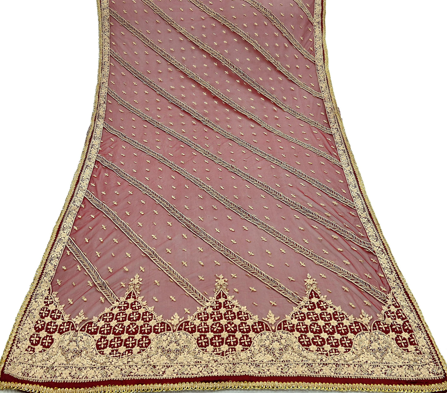 Indian Vintage Heavy Dark Red Dupatta Net Mesh Long Stole Hand Embroidered Scarves Golden Zardozi Dabka Zari Sequins