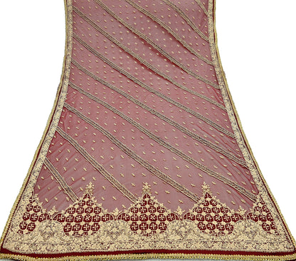 Indian Vintage Heavy Dark Red Dupatta Net Mesh Long Stole Hand Embroidered Scarves Golden Zardozi Dabka Zari Sequins