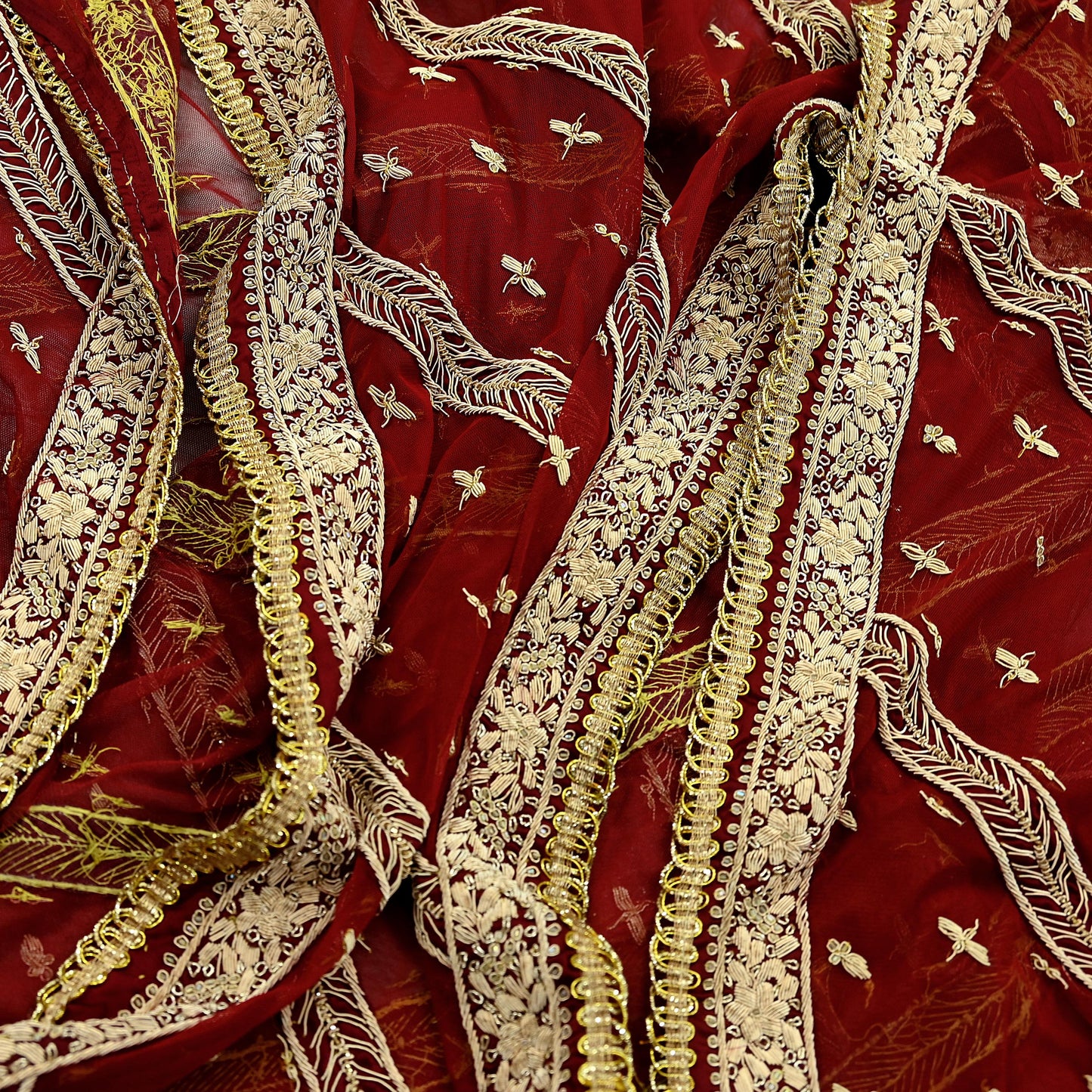 Indian Vintage Heavy Dark Red Dupatta Net Mesh Long Stole Hand Embroidered Scarves Golden Zardozi Dabka Zari Sequins