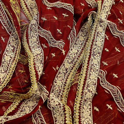 Indian Vintage Heavy Dark Red Dupatta Net Mesh Long Stole Hand Embroidered Scarves Golden Zardozi Dabka Zari Sequins