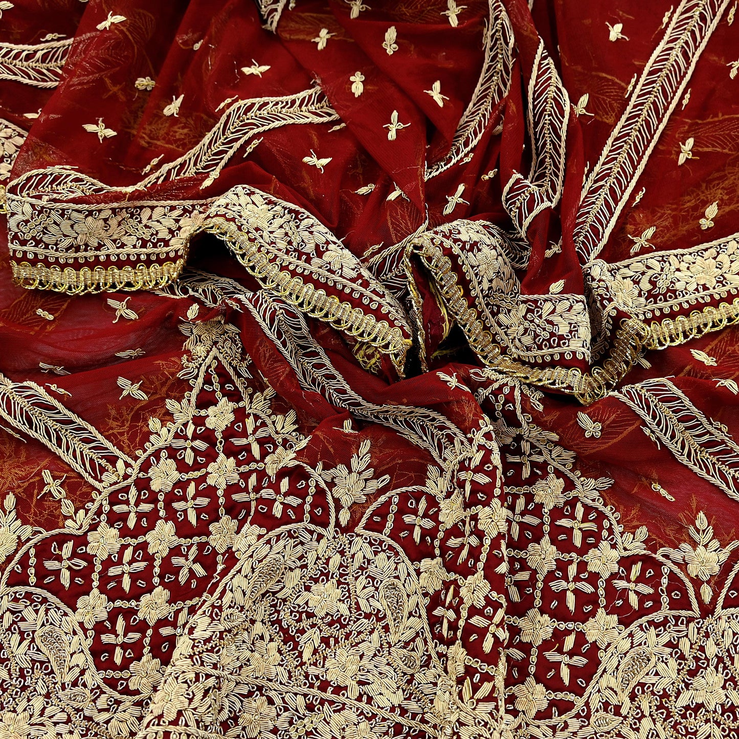 Indian Vintage Heavy Dark Red Dupatta Net Mesh Long Stole Hand Embroidered Scarves Golden Zardozi Dabka Zari Sequins