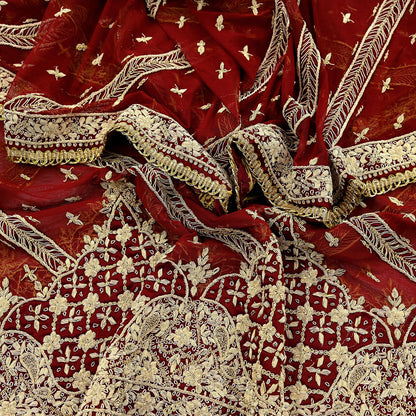 Indian Vintage Heavy Dark Red Dupatta Net Mesh Long Stole Hand Embroidered Scarves Golden Zardozi Dabka Zari Sequins