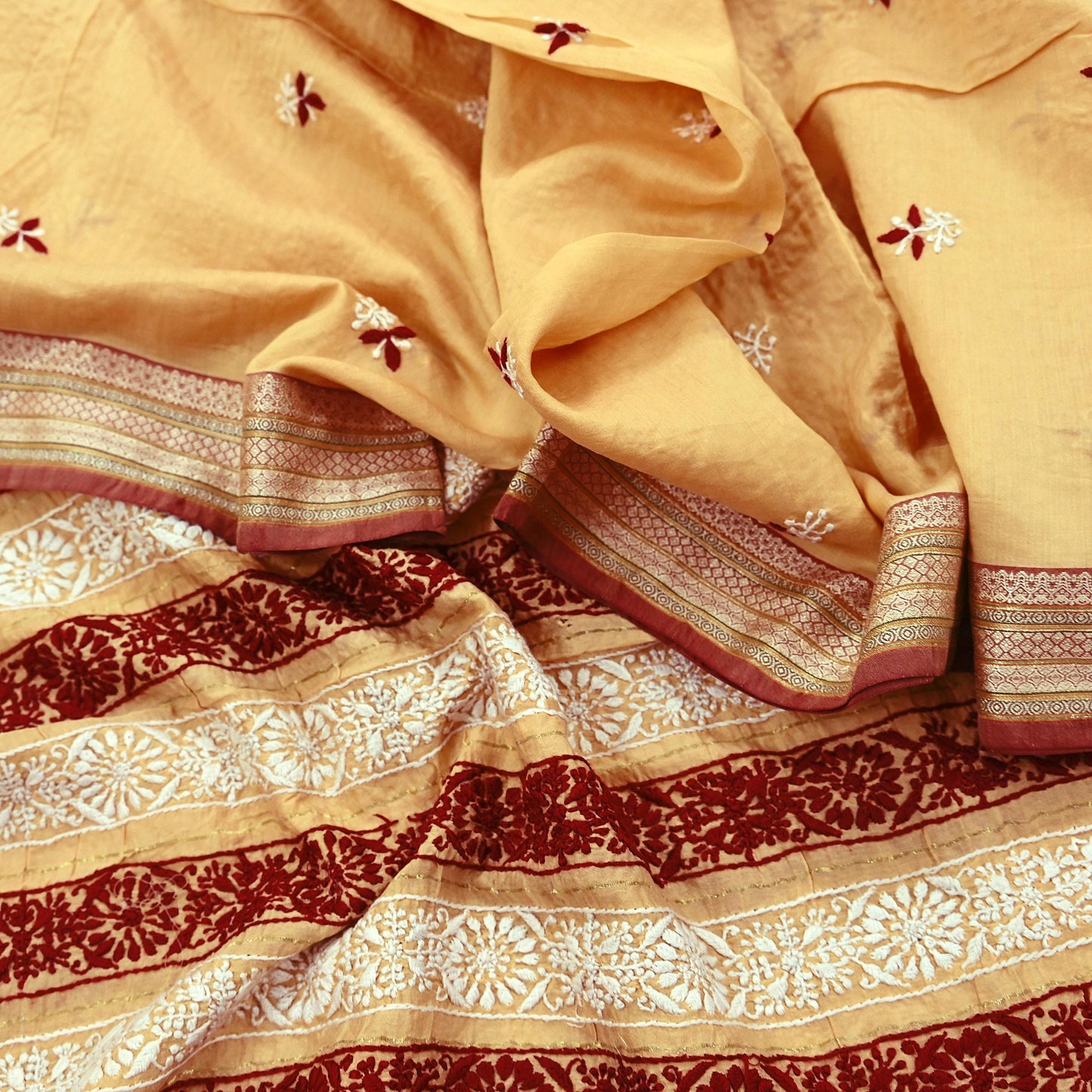 Indian Vintage Dupatta Beige Long Stole Pure Chanderi silk Handmade Chikankari Scarves Veil Scarf Wrap Floral Design