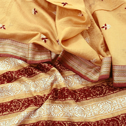Indian Vintage Dupatta Beige Long Stole Pure Chanderi silk Handmade Chikankari Scarves Veil Scarf Wrap Floral Design
