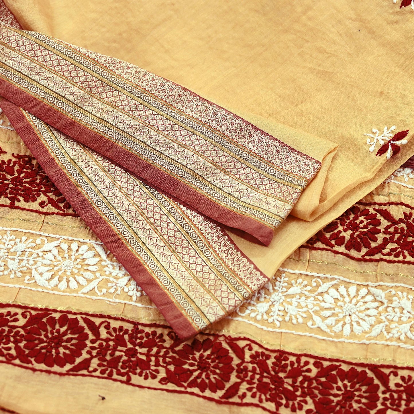 Indian Vintage Dupatta Beige Long Stole Pure Chanderi silk Handmade Chikankari Scarves Veil Scarf Wrap Floral Design
