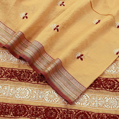 Indian Vintage Dupatta Beige Long Stole Pure Chanderi silk Handmade Chikankari Scarves Veil Scarf Wrap Floral Design