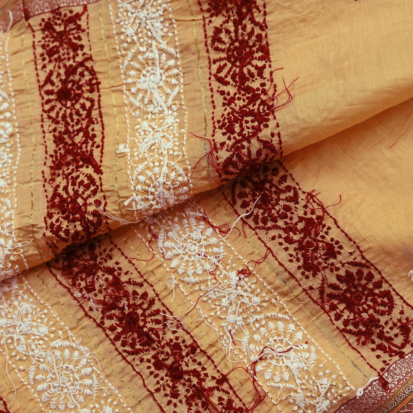Indian Vintage Dupatta Beige Long Stole Pure Chanderi silk Handmade Chikankari Scarves Veil Scarf Wrap Floral Design