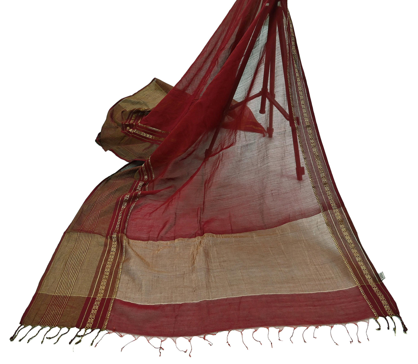 Indian Vintage Dupatta Maroon Long Stole Hand Woven Pure Chanderi Silk Indian Scarves Veil Golden Zari Soft Fringes