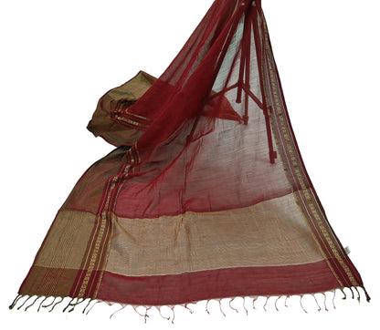 Indian Vintage Dupatta Maroon Long Stole Hand Woven Pure Chanderi Silk Indian Scarves Veil Golden Zari Soft Fringes