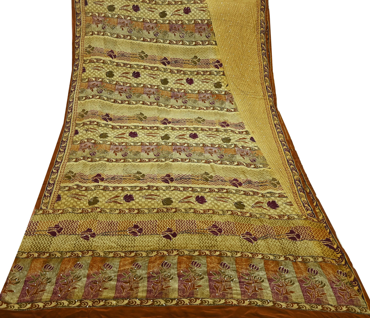 Indian Vintage Sari Beige & Brown Pure Crepe Silk Hand Embroidered Kantha Saree Craft Fabric 5yd Sewing Floral Soft Dress making Crafting
