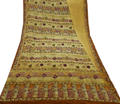 Indian Vintage Sari Beige & Brown Pure Crepe Silk Hand Embroidered Kantha Saree Craft Fabric 5yd Sewing Floral Soft Dress making Crafting