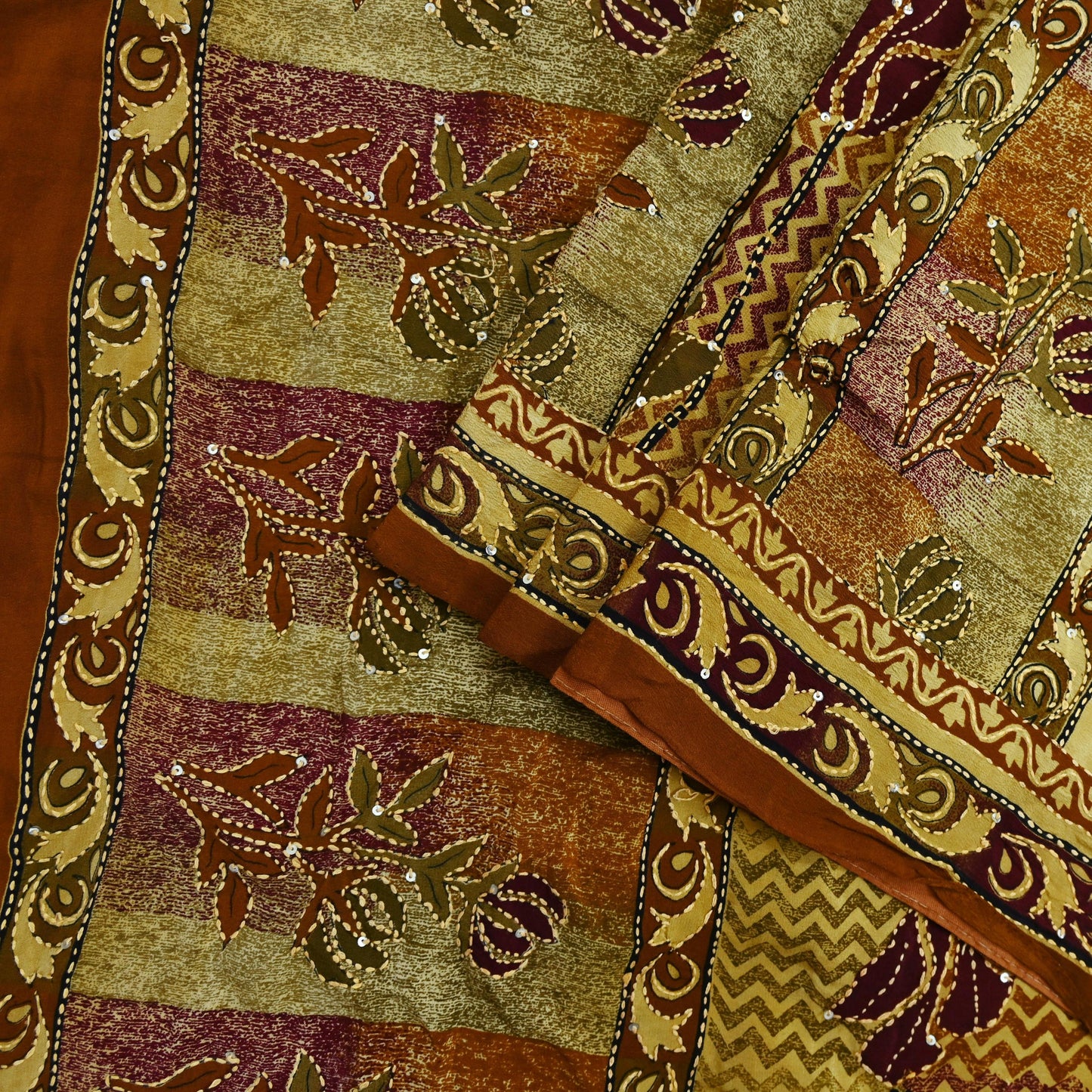 Indian Vintage Sari Beige & Brown Pure Crepe Silk Hand Embroidered Kantha Saree Craft Fabric 5yd Sewing Floral Soft Dress making Crafting