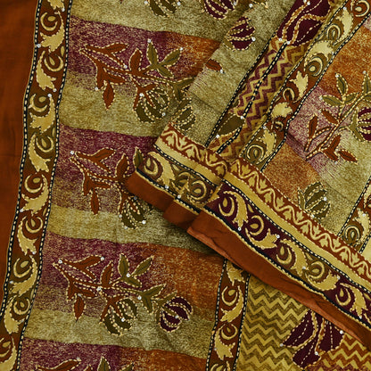 Indian Vintage Sari Beige & Brown Pure Crepe Silk Hand Embroidered Kantha Saree Craft Fabric 5yd Sewing Floral Soft Dress making Crafting