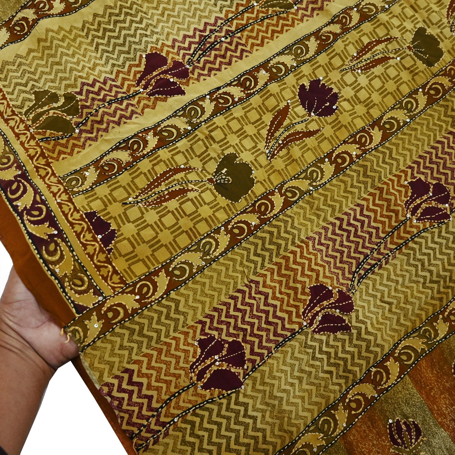 Indian Vintage Sari Beige & Brown Pure Crepe Silk Hand Embroidered Kantha Saree Craft Fabric 5yd Sewing Floral Soft Dress making Crafting