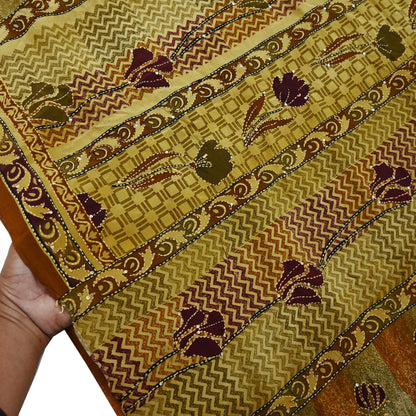 Indian Vintage Sari Beige & Brown Pure Crepe Silk Hand Embroidered Kantha Saree Craft Fabric 5yd Sewing Floral Soft Dress making Crafting