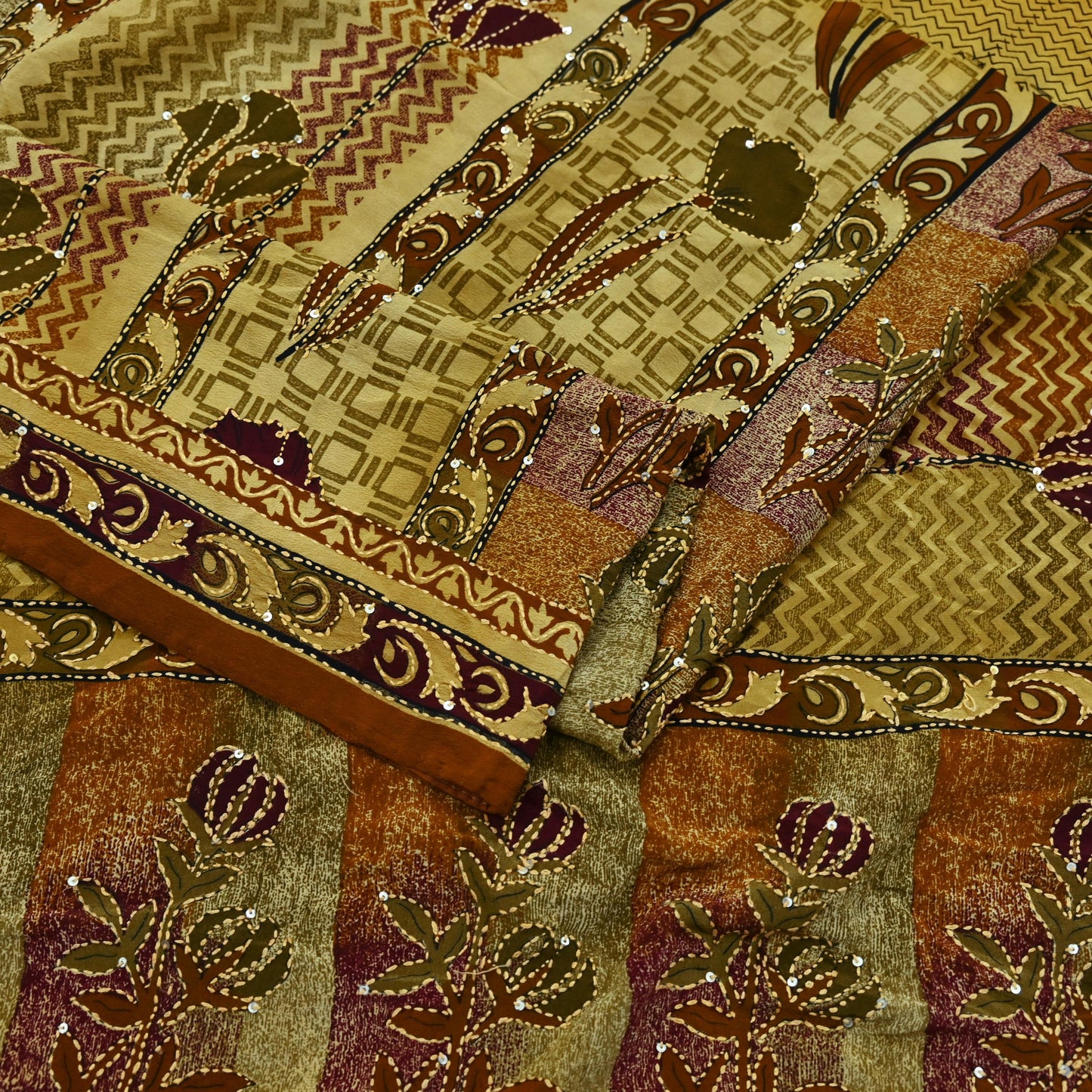 Indian Vintage Sari Beige & Brown Pure Crepe Silk Hand Embroidered Kantha Saree Craft Fabric 5yd Sewing Floral Soft Dress making Crafting