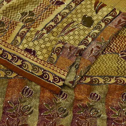Indian Vintage Sari Beige & Brown Pure Crepe Silk Hand Embroidered Kantha Saree Craft Fabric 5yd Sewing Floral Soft Dress making Crafting