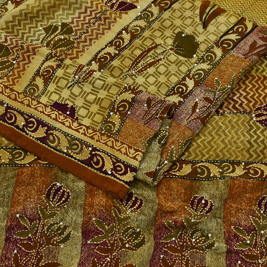 Indian Vintage Sari Beige & Brown Pure Crepe Silk Hand Embroidered Kantha Saree Craft Fabric 5yd Sewing Floral Soft Dress making Crafting