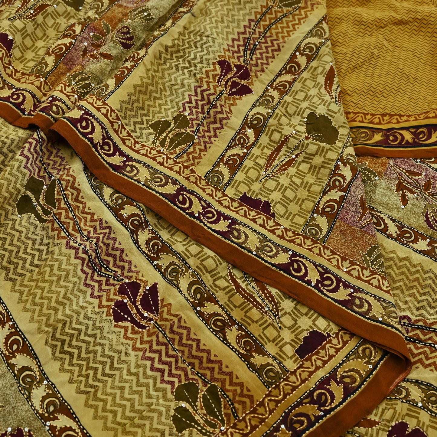 Indian Vintage Sari Beige & Brown Pure Crepe Silk Hand Embroidered Kantha Saree Craft Fabric 5yd Sewing Floral Soft Dress making Crafting