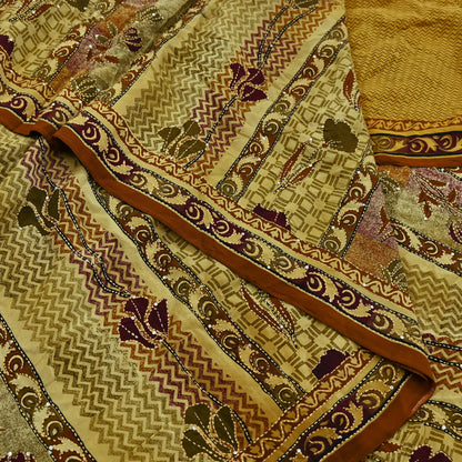 Indian Vintage Sari Beige & Brown Pure Crepe Silk Hand Embroidered Kantha Saree Craft Fabric 5yd Sewing Floral Soft Dress making Crafting