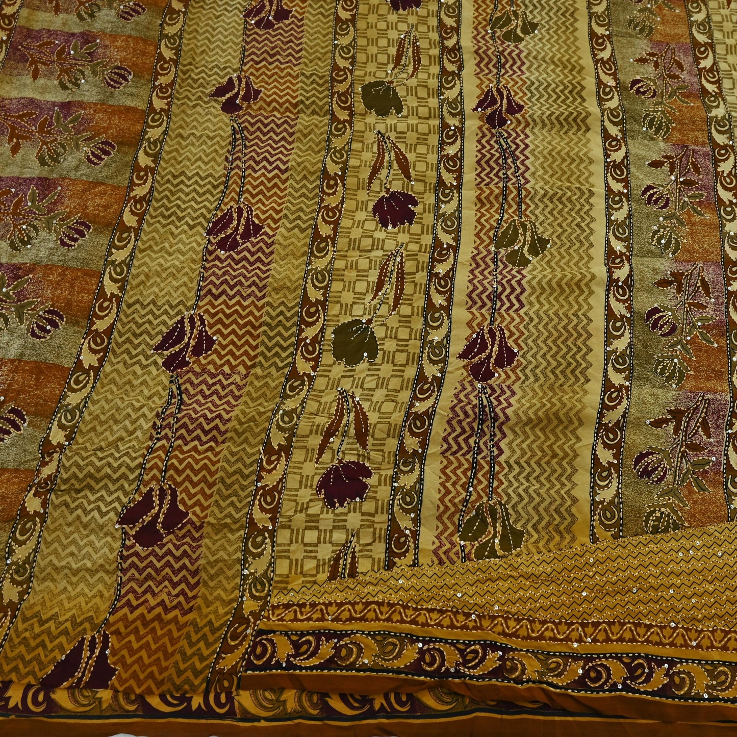 Indian Vintage Sari Beige & Brown Pure Crepe Silk Hand Embroidered Kantha Saree Craft Fabric 5yd Sewing Floral Soft Dress making Crafting